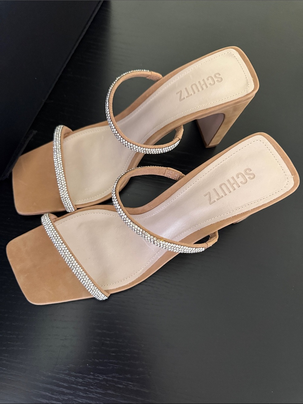 NEW SCHUTZ Tan Rhinestone Double-Strap Block Heel Mule - Picture 3 of 9